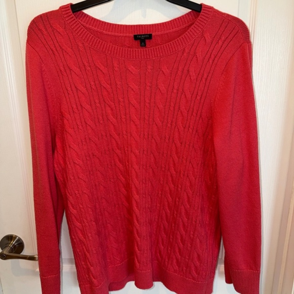 Talbots Coral-Red Cable Crewneck Sweater